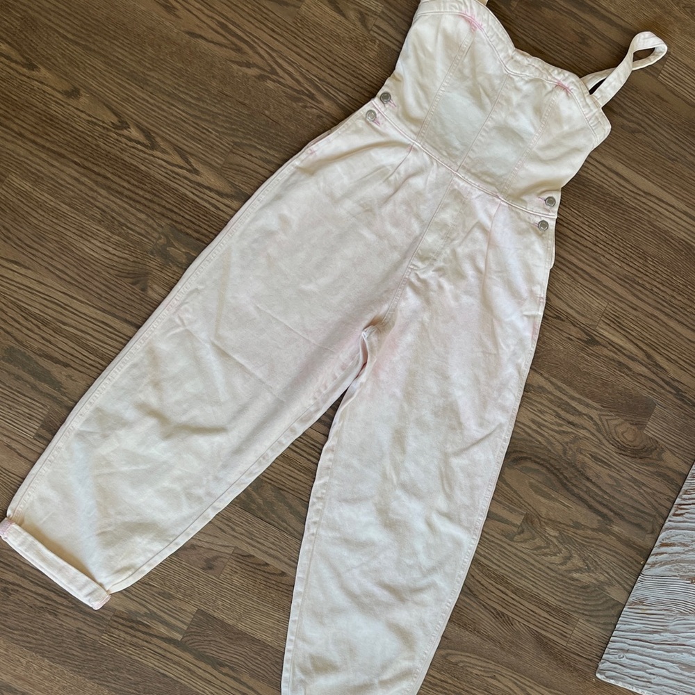 Bershka Light Pink Strapless Denim Jumpsuit